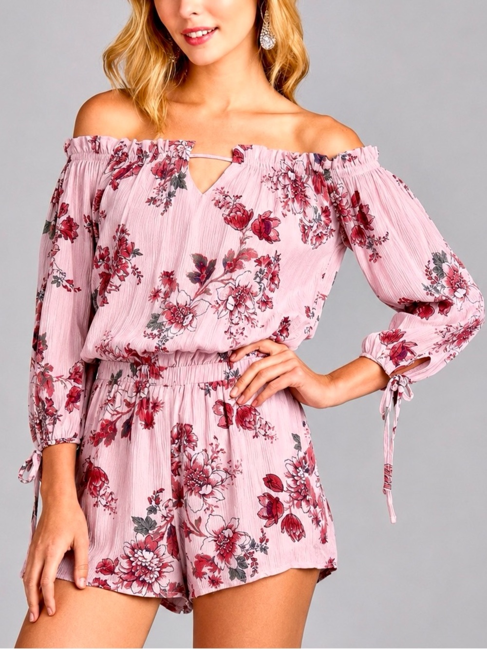 Active USA Pink Floral Romper L Cold Shoulder Boho Vacation